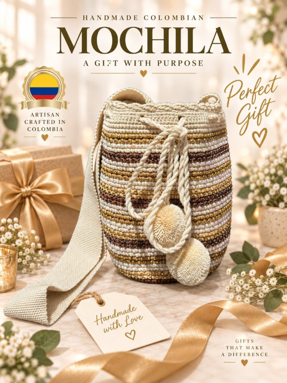 Colombian Mochila Crossbody Bag Handmade Crochet - Artisan Gift NEW